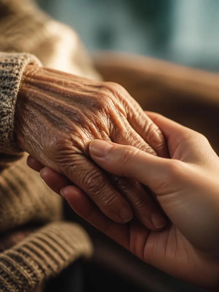 An older hand gently held by a younger hand